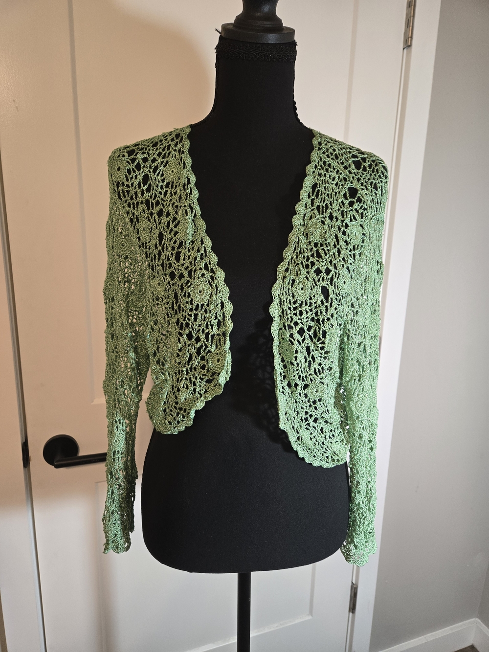 Sage Green Delicate Crochet Lace Floral Medallion Cropped Bolero Shrug